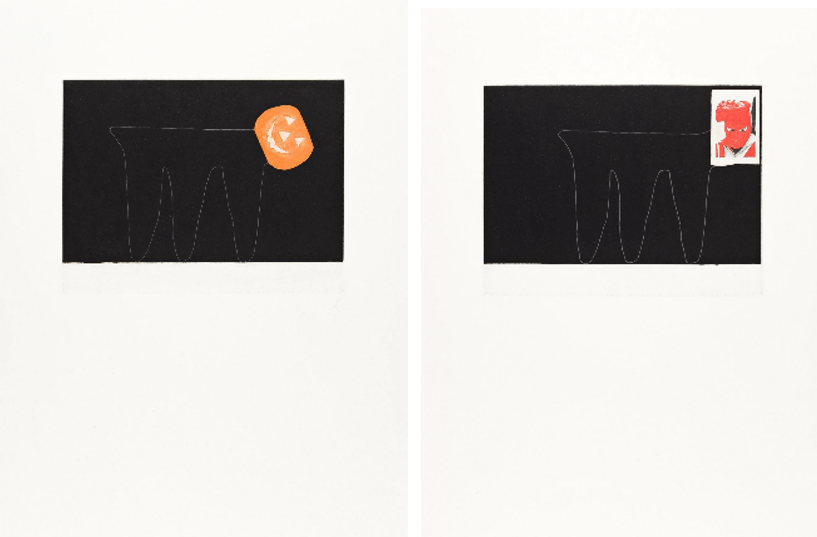 From left to right: Bull with Jack-o-Lantern and Bull with Masked Man, 1979