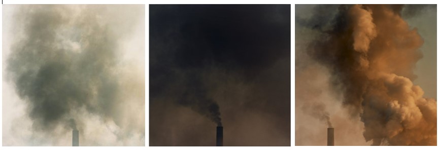 From left to right: Bethlehem #73, Lackawanna, NY, from the Smoke series, 1988; Bethlehem #41, Lackawanna, NY, from the Smoke series, 1988; Bethlehem #16, Lackawanna, NY, from the Smoke series, 1988