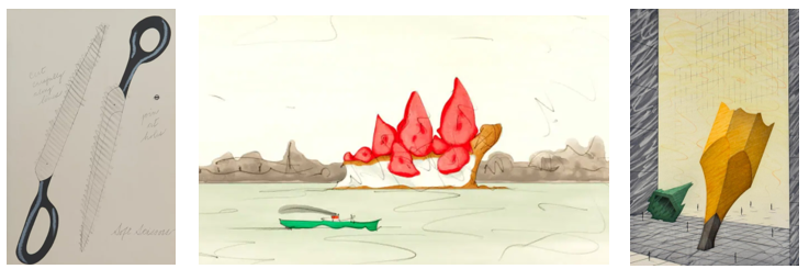From left to right: Soft Scissors, 1967; Proposed Colossal Monument for Mill Rock, East River, New York City: Slice of Strawberry Shortcake, 1992; Proposed Colossal Monument in Downtown New York City: Sharpened Pencil Stub With Broken-off Tip of the Woolworth Building, 1993
