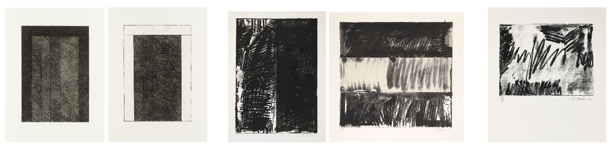 From left to right: For Caroline, 1977-88; #4, from the Untitled Press Series, 1972; #2, from the Untitled Press Series, 1972; #6, from the Untitled Press Series, 1972