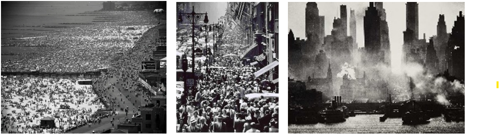 From left to right: Coney Island July 4, 1949 (printed 1977); Midtown, 5th Ave. at Lunch Hour, 1947 (printed 1977); 42nd Street as Viewed from Weehawken, CA. 1940 (printed 1977)
