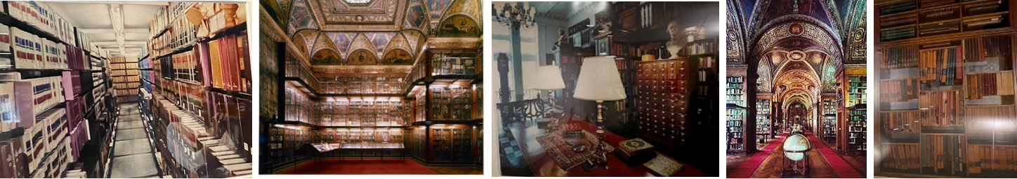 From left to right: Stacks at Yale University Law School, 1999; North Side of Stacks, Morgan Library, 1999; Central Table, Library, Grolier Club, 1998; Library From the East, University Club, 1998; Bookshelves in Print Room, The Century Association, 2003
