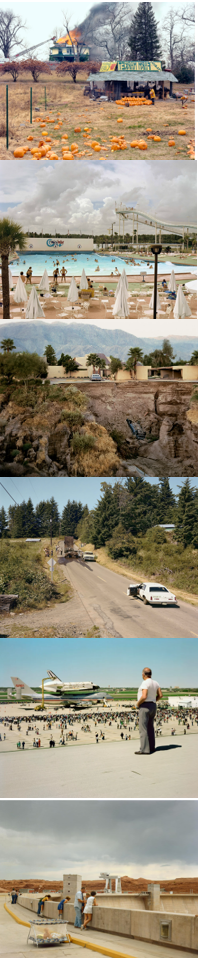 From top to bottom: McLean, Virginia, 12/1978; Wet'n Wild Aquatic Theme Park, 9/1980; After a Flash Flood, 7/1979; Exhausted Renegade Elephant, 6/1979; The Space Shuttle Columbia Lands at Kelly Lackland, 3/1979; Glen Canyon Dam, Page AZ, 8/1983