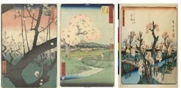 Utagawa Hiroshige, Figure 1) Plum Park in Kameido, 1857; Figure 2) Ishiyakushi: Yoshitsune's Cherry Tree and the Shrine of Noriyori, 1855; Figure 3) Cherry Trees in Bloom on the Embankment at Koganei, 1843